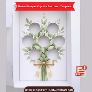 Puede incluir: Plantilla de inserto de caja de cupcakes blanca con un diseño de ramo floral. El diseño presenta un ramo de hojas verdes atadas con una cinta dorada, con siete recortes circulares para cupcakes. El texto en la parte superior dice "Flower Bouquet Cupcake Box Insert Template".