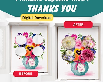 Modèle d'insertion de petit gâteau de remerciement, support floral de bouquet de petit gâteau, insertion de boîte de 4 petits gâteaux imprimable, boîte-cadeau de petit gâteau, cadeau de remerciement de professeur