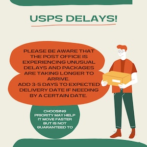 May include: A cartoon illustration of a person holding a brown box with the text "USPS DELAYS!" in red and white. The text below the illustration reads "PLEASE BE AWARE THAT THE POST OFFICE IS EXPERIENCING UNUSUAL DELAYS AND PACKAGES ARE TAKING LONGER TO ARRIVE. ADD 3-5 DAYS TO EXPECTED DELIVERY DATE IF NEEDING BY A CERTAIN DATE. CHOOSING PRIORITY MAY HELP IT MOVE FASTER BUT IS NOT GUARANTEED TO"