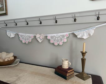 White, Pink and Green Heart and Crochet Doily Garland / Shabby Chic Vintage Prim Cottage Core Coquette Neutral Decor
