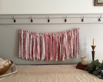 Pink Floral Prairie Style Shabby Chic Rag Garland / Coquette Cottage Core / Fabric and Lace Rag Tie Garland Bunting / Baby Shower Nursery