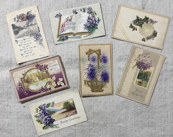 Eight Antique Curated Postcards Purple Pansies, Lilacs, Forget Me Not, Water Scene, Floral Spring / Ephemera / Scrapbooking / Junk Journal