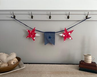 Red, White and Blue Vintage Stars Garland Bunting Banner / Patriotic Railroad Coastal Lake Decor / Photo Prop Party Decor / Summer