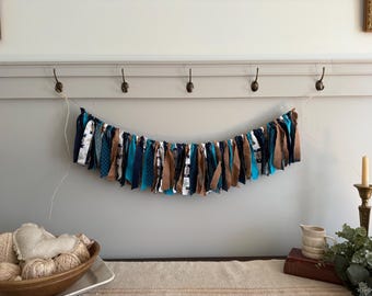 Navy, Turquoise, Camel Brown Southwestern Fabric Rag Tie Garland Bunting Banner / Boys Nursery Photo Prop Party Decor
