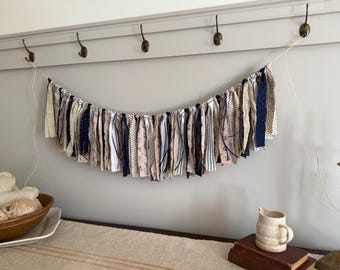 Navy, Taupe and White Fabric Rag Tie Garland Bunting Banner with Sailboats / Coastal Boys Nursery Photo Prop Party Decor