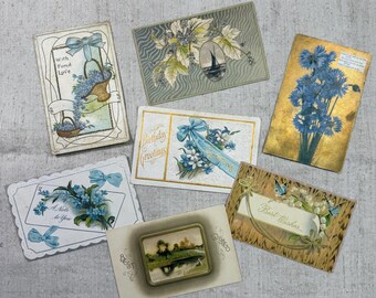 Seven Antique Curated Postcards Blue and Gold / Flowers, Sailboat, Bows, Butterflies Floral Spring / Ephemera / Scrapbooking / Free Shipping