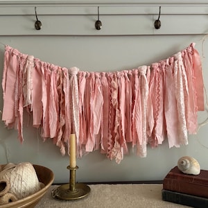 Shabby Chic Cottage Core Pink / Fabric Lace Chenille Rag Tie Garland Bunting / Dorm Decor Spring Mantel Baby Shower Wedding Photo Prop