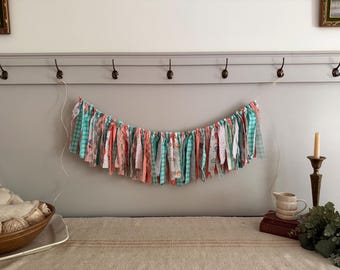Shabby Chic Peach Orange and Aqua Green Cottage Core Fabric Lace Rag Garland Bunting / Dorm Decor Summer Mantel Party / Wedding Photo Prop