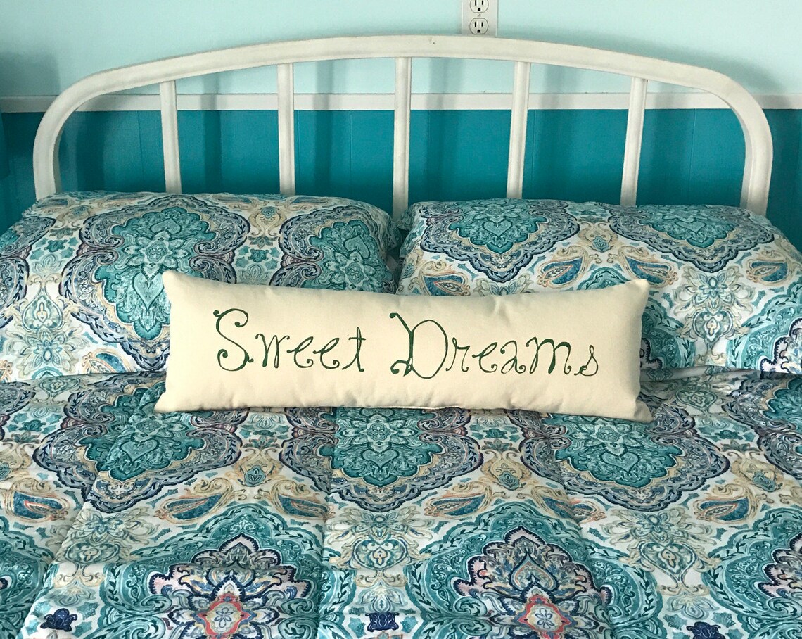 Whimsical Sweet Dreams Pillow / Long Bed Pillow in Burlap or Etsy