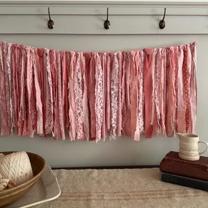 Shabby Chic Pink Garland Cottage Core / Fabric and Lace Rag Tie Garland Bunting / Dorm Decor Spring Mantel Baby Shower Wedding Photo Prop
