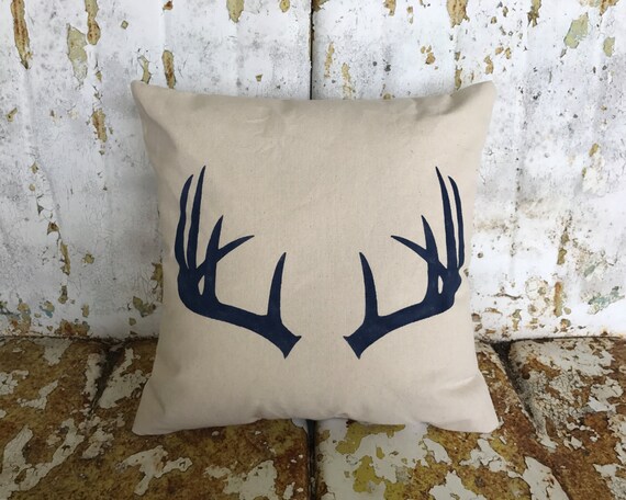 Deer Antlers Pillow Square Burlap Or Cream Cotton Accent Etsy