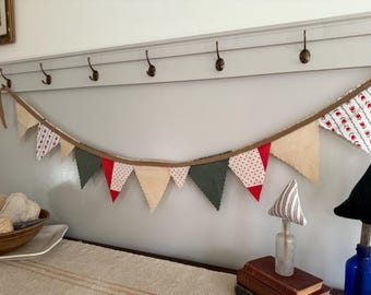 Prim Red, Beige and Army Green Flowers and Polka Dots Garland Bunting Pennant / Shabby Chic Country Primitive / Mantel Decor