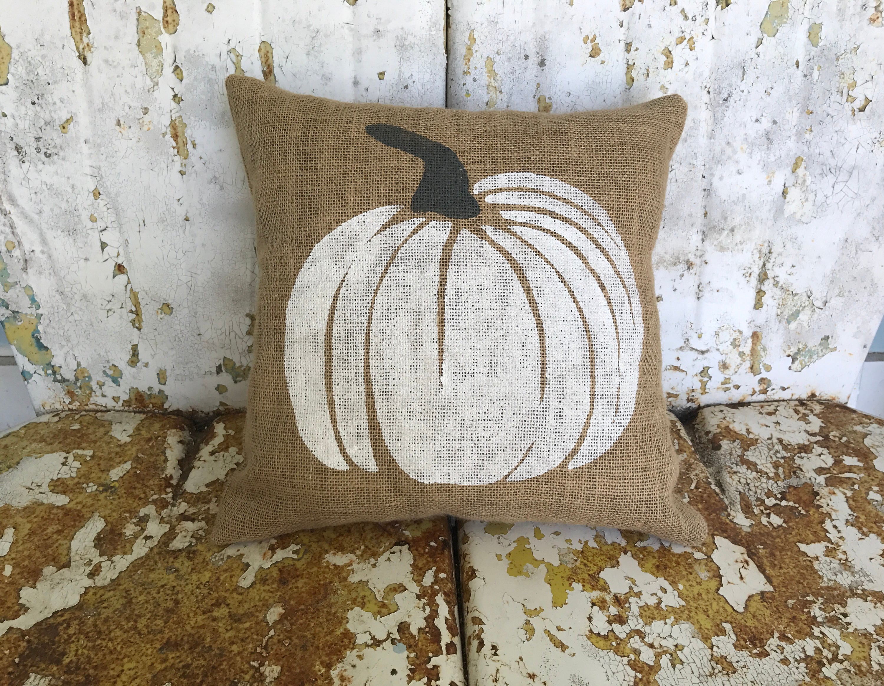WHITE PUMPKIN / Square Burlap Pillow / Fall Autumn Halloween Thanksgi…