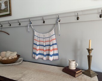 Vintage Child's Crocheted Waist Apron in Blue and Peach / Kitchen Decor / Summer