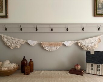 Birds and Doilies Neutral Fall Autumn Halloween Garland / Shabby Chic Vintage Quilt and Doily Pennants / Prim Cottage Core Coquette