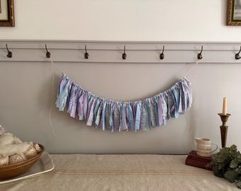 Lavender, Aqua Blue and Mint Shabby Chic Lace Fabric Rag Tie Garland Bunting Banner / Summer Dorm Decor / Cottage Core / Nursery Wedding