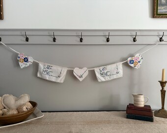 Vintage Embroidery Heart and Flag Garland / Shabby Chic Prim Cottage Core Coquette Embroidered Heart, Shabby Chic Cottage Decor