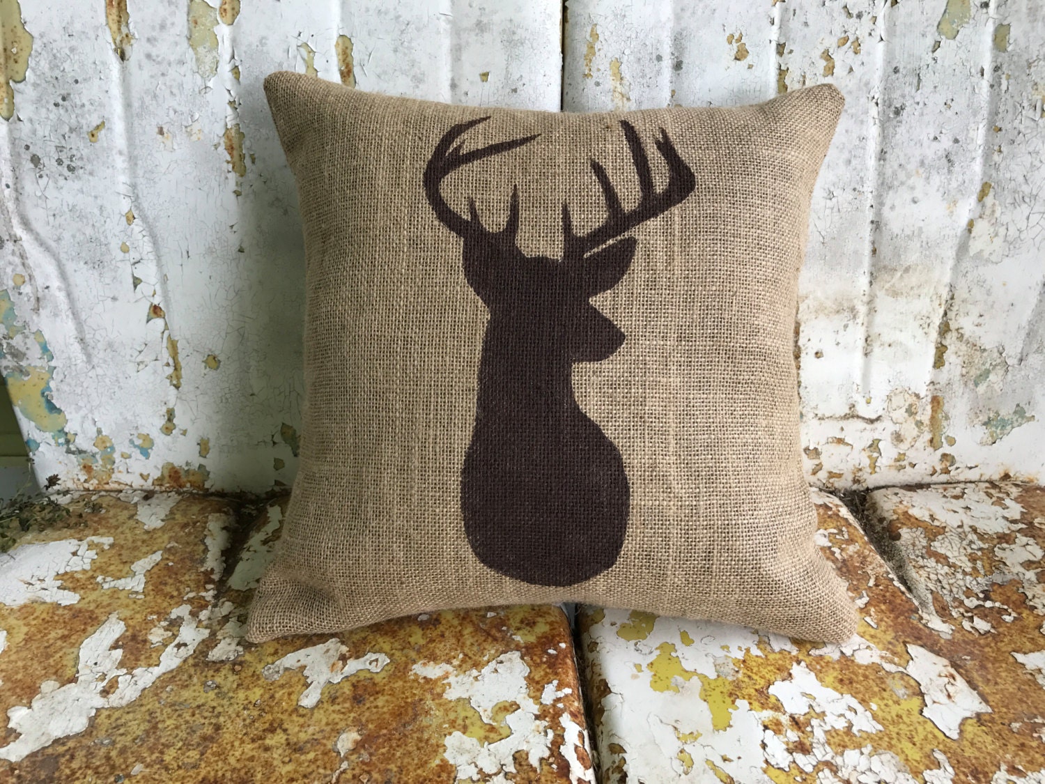Deer Pillow Burlap Cotton Canvas Pillow Rustic Country DEER Etsy