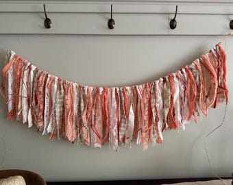 Orange and White Cottage Core Shabby Chic Lace and Fabric Rag Tie Garland Bunting Banner / Dorm Decor Photo Party Decor / Ready to Ship