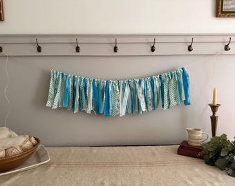 Turquoise, Blue and Green Shabby Chic Fabric Rag Tie Garland Bunting Banner / Summer or Coastal Decor / Nursery