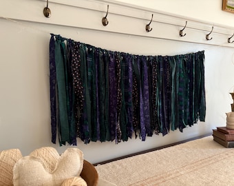Emerald Green and Purple Shabby Chic Lace and Fabric Rag Tie Garland Bunting Banner / Winter Jewel Tones / Witchy Victorian Fairy Decor