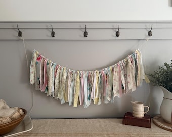 Shabby Chic Cottage Core Pink, Minty Green and Pale Yellow Rag Garland Bunting / Coquette Dorm Decor Mantel Party Wedding Photo Prop