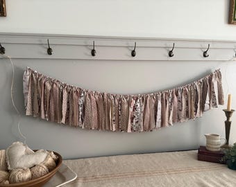 Khaki, Beige and Brown Prairie Style Fall Shabby Chic Fabric Rag Tie Garland Bunting Banner / Autumn Party Decor / Cottage Neutral Decor