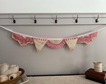 Cream and Pink Shabby Chic Cottage Core Antique Doily Pennants / Shabby Chic Prim Cottage Core Pennants Bunting / Victorian Decor