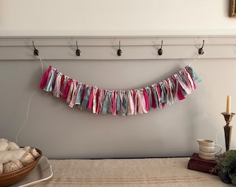 Shabby Chic Hot Pink and Green Gingham Check / Fabric and Ribbon Rag Garland Bunting / Dorm Decor Spring Mantel Party Photo Prop