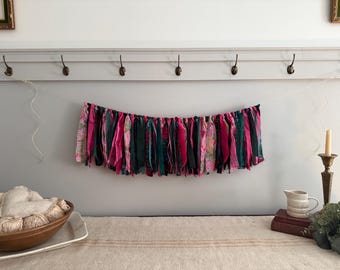 Rich Jewel tones Hot Pink Emerald Green Fabric Rag Tie Garland Bunting Banner / Dark Witchy Fairy Dorm Decor