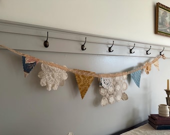 Blue and Gold Brocade and Blue Floral Barkcloth Cream Antique Doily and Lace Pennants / Shabby Chic Prim Cottage Core Coquette