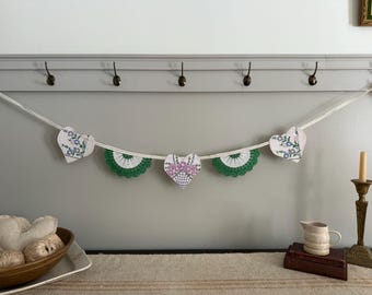 Purple, Blue and Green Shabby Chic Garland Vintage Embroidered Hearts and Doily Pennants / Prim Cottage Core Coquette Spring Summer Decor