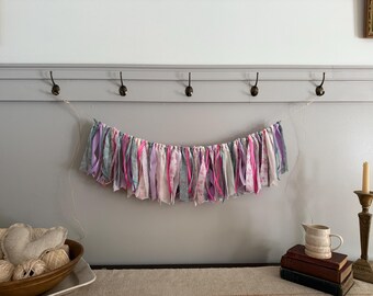 Pink, Purple and Mint Shabby Chic Rag Tie Garland / Baby Shower Nursery / Girls Room Dorm Decor / Floral Cottage Core Coquette Bunting