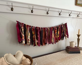 Woodland Mushrooms and Burgundy, Black, Brown and Gold Lace Fabric Rag Tie Garland Bunting Banner / Witchy Fairy Decor