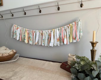 Shabby Chic Yellow, Aqua Coral and White Floral Coquette Rag Tie Garland / Tulips Floral Bunting Banner / Coquette Cottage Core