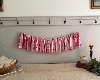 Pink, Red and White Shabby Chic Fabric Rag Tie Garland Bunting Banner / Floral and Gingham Check / Photo Prop Wedding Party Decor