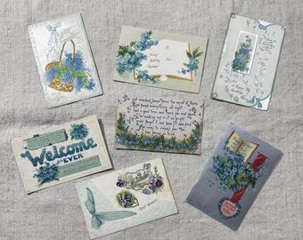 Seven Antique Blue Floral Postcard Collection Early 1900s / Ephemera / Scrapbooking / Junk Journal / Collage
