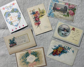 Seven Antique Pink and Blue Floral and Pastoral Postcard Collection Early 1900s / Ephemera / Scrapbooking / Junk Journal / Collage