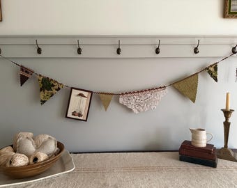 Mushroom, Olive and Chocolate Brown Green, Botanical Antique Victorian Witch Core Garland Bunting / Woodland Fairy Cottage Core / Bunting