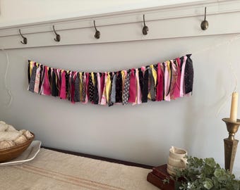 Black, Hot Pink and Yellow Rag Tie Garland Bunting Banner / Dorm Decor Girls Room Decor / Party Decor / Ready to Ship