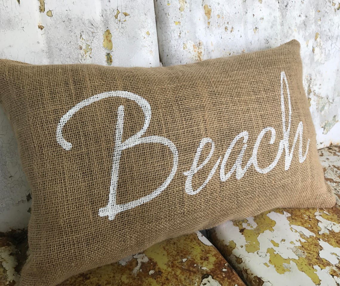 BEACH Pillow / Lumbar Burlap or Cream Cotton Canvas Throw Etsy
