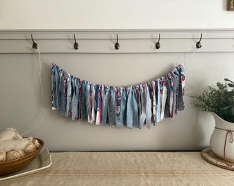 Mauve, Blue, Gray, Magenta and White Shabby Chic Fabric Rag Tie Garland Bunting Banner / Cottage Core / Nursery Dorm Wedding Decor