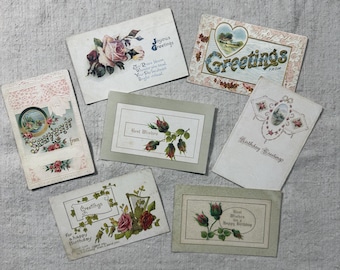 Seven Antique Curated Floral Postcards / Pink Coquette Roses and Flowers Spring Flowers / Ephemera / Scrapbooking / Friendship Best Wishes