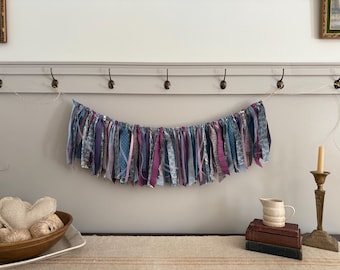 Lavender, Turquoise, Blue and Purple Shabby Chic Lace Fabric Rag Tie Garland Bunting Banner / Spring Decor / Cottage Core / Nursery Wedding