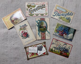 Eight Antique Pink and Blue Floral and Pastoral Postcard Collection Early 1900s / Ephemera / Scrapbooking / Junk Journal / Free Shipping