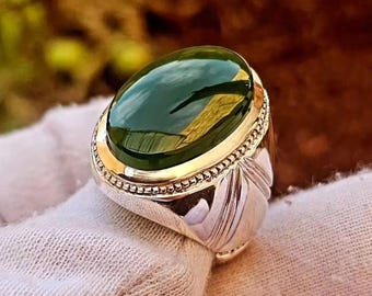 Echte groene Jemenitische Aqeeq-ring, natuurlijke handgemaakte agaatringen, 925 sterlingzilveren Aqeeq-ring