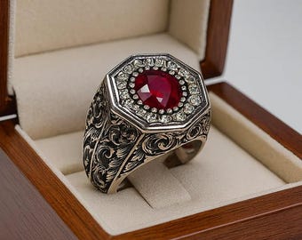 Echte dieprode robijn sterlingzilver 925 handgemaakte robijnring, robijnrode herenring, Birmese robijnring, cadeau voor hem
