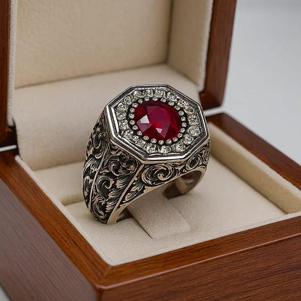 Echte dieprode robijn sterlingzilver 925 handgemaakte robijnring, robijnrode herenring, Birmese robijnring, cadeau voor hem