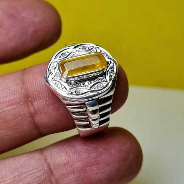 3 karaat natuurlijke gele saffierring, sterlingzilver 925 handgemaakte saffierring, gele saffierring, pukhraj-ring, cadeau voor hem