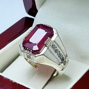 Echter Smaragdschliff Roter Rubin Sterlingsilber 925 Handgefertigter Ring, Quadratischer Roter Rubin Männerring, Geburtstagsgeschenk, Rubinring